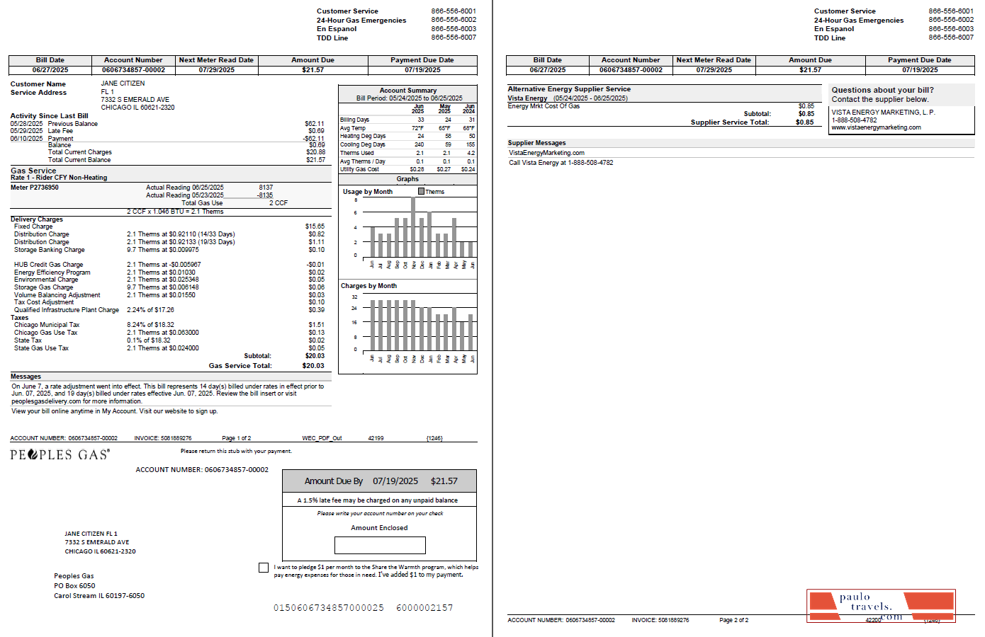 USA Peoples Gas utility bill template in Word and PDF formats, 2 pages
